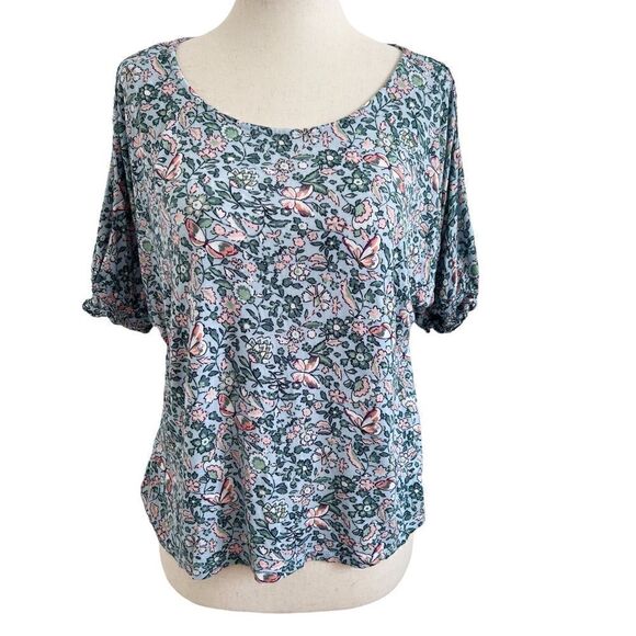 LOFT Floral + Butterfly Print Short Sleeve Rayon Top Small Pastel Pink + Blue - Picture 1 of 8